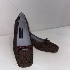 Vintage Etienne Aigner Brown Tweed Leather Square-Toe Bow Pumps Shoes Size 8